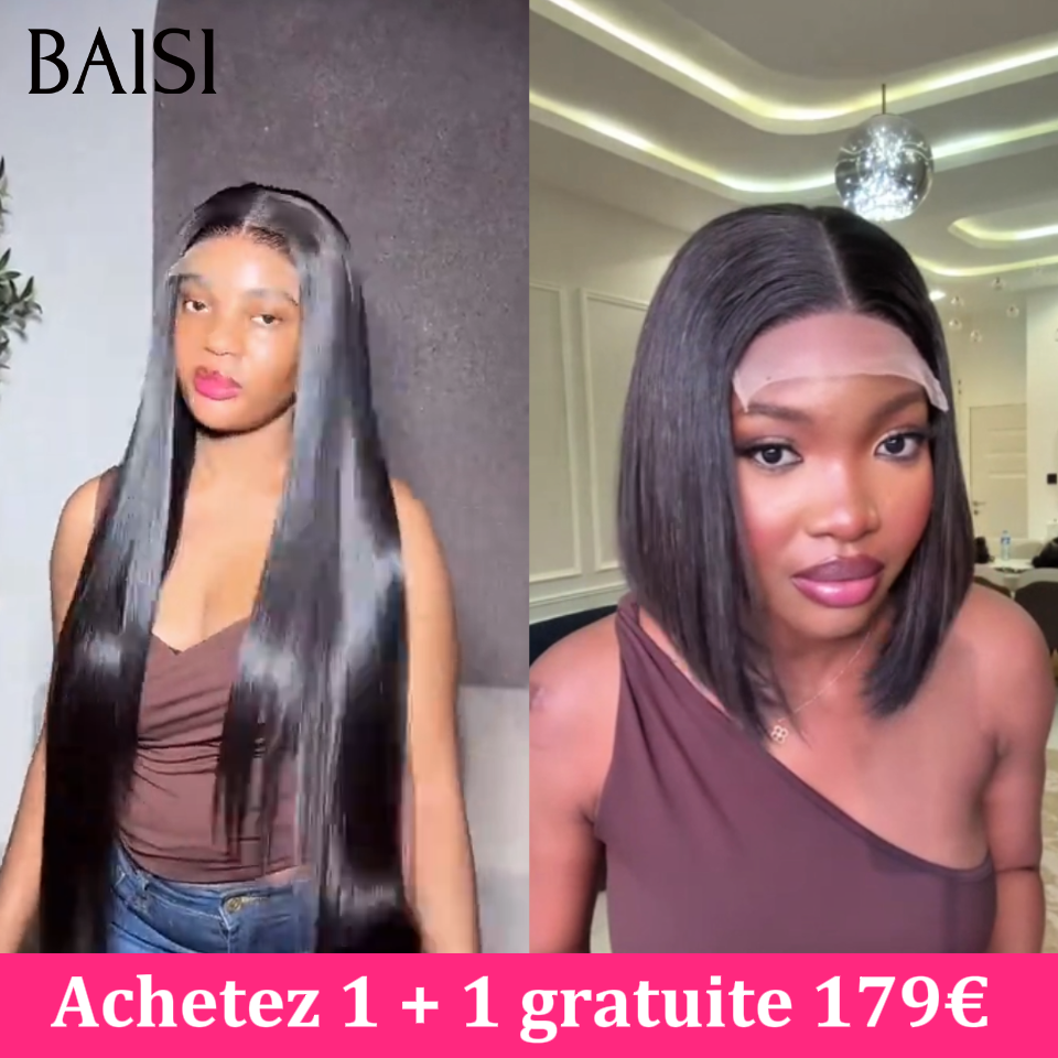 BAISI Lot de 2 Perruques Lace Frontal 179€ Achetez 1 Perruque Lisse 24Pouces + 1 Perruque Gratuite Bob Lisse 10Pouces en Couleur Noir 100% vrais cheveux humains