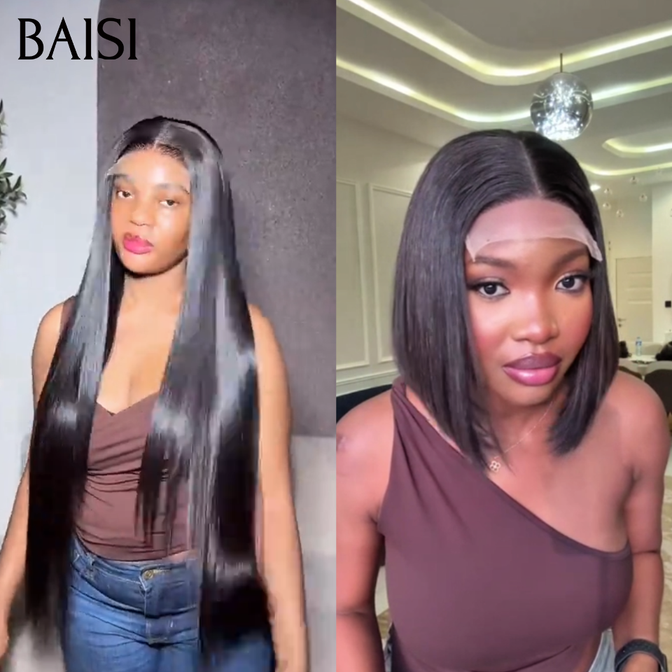 BAISI Lot de 2 Perruques Lace Frontal 179€ Achetez 1 Perruque Lisse 24Pouces + 1 Perruque Gratuite Bob Lisse 10Pouces en Couleur Noir 100% vrais cheveux humains
