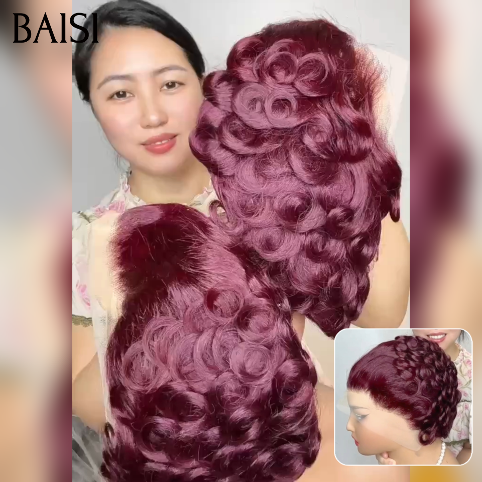 Parrucca BAISI 13X4 Pixie Egg Curls con riga laterale 3 colori borduex 99J# o marrone 1B4# o misti in capelli umani al 100% VIP100