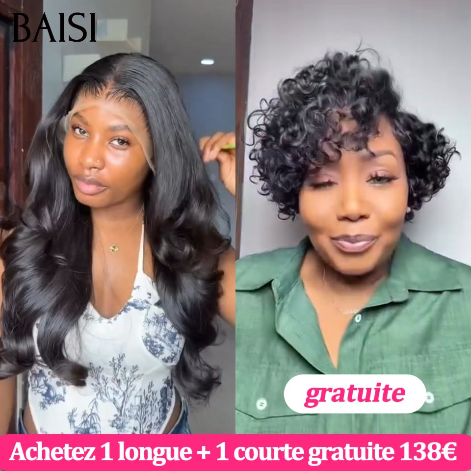 BAISI 2 perruques 138€ Achetez 1 Longue + 1 Courte Gratuite en Couleur Noir très Pratique 100% vrais cheveux humains