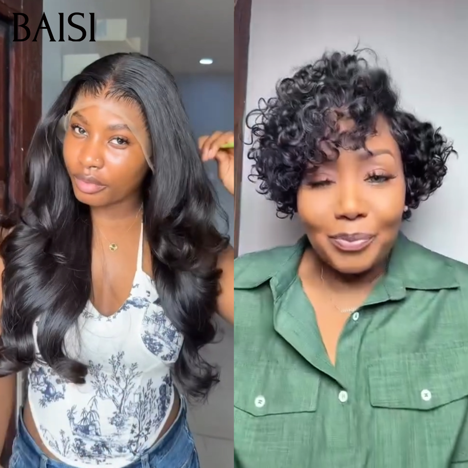 BAISI 2 perruques 138€ Achetez 1 Longue + 1 Courte Gratuite en Couleur Noir très Pratique 100% vrais cheveux humains