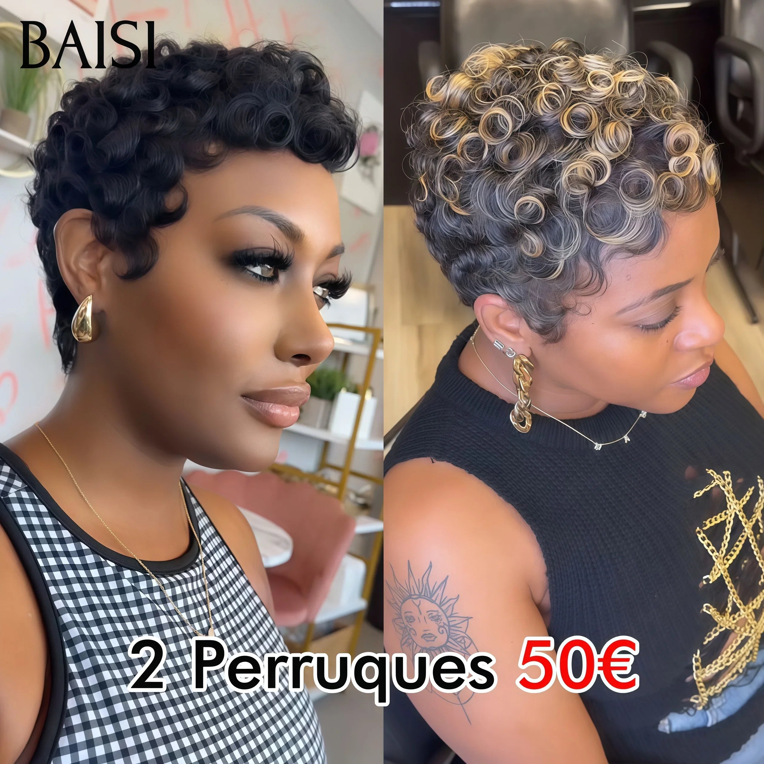 BAISI 2 perruques Flash Offer 50€ Vente en gros en France Perruques Chioma pixie finger wave Fabriqué à la Machine en couleur 4/27# ou 1B# en 100% vrais cheveux humains BS60