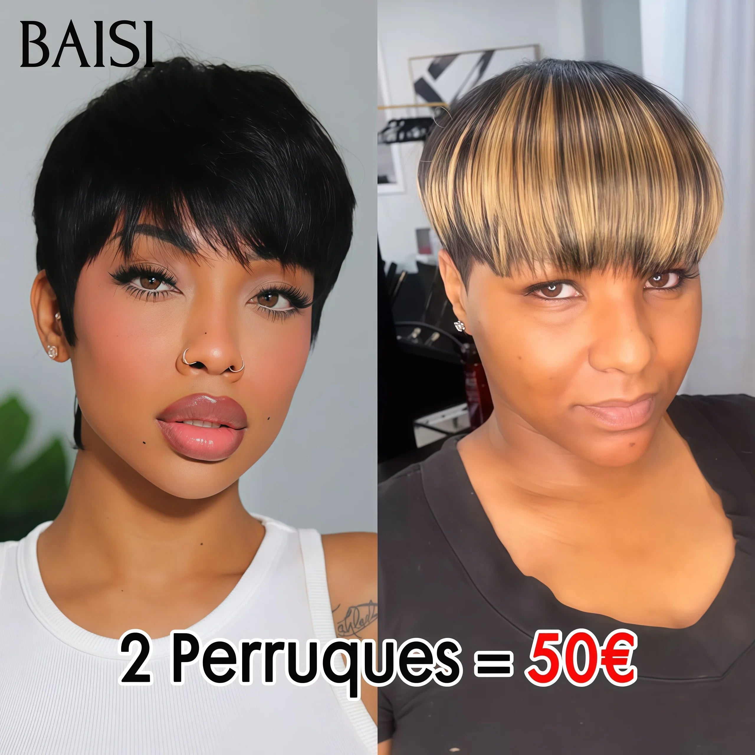 BAISI 2 perruques Flash Offer 50€ Vente en gros pixie lisse Fabriqué à la Machine 2 couleurs en 100% vrais cheveux humains BS30