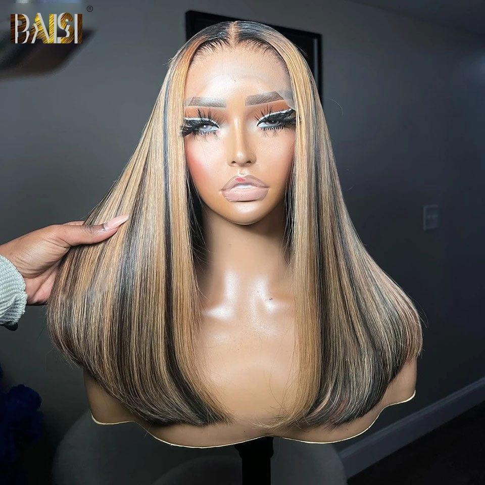 BAISI 13x4 Lace Frontal Perruque lisse 16et22pouces en couleur Noir Mixte Miel 1B#27# en 100% Cheveux Humains