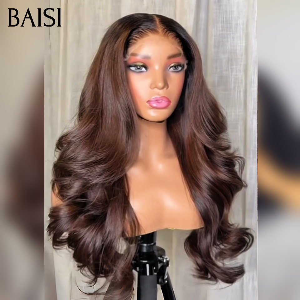BAISI Lot 2 perruques Lace Frontal 13x4 198€ Pour Revendre 1 Perruque Body Wave Marron 24pouces + 1 Perruque Kinky Curly Noir 20pouces en 100% cheveux humains