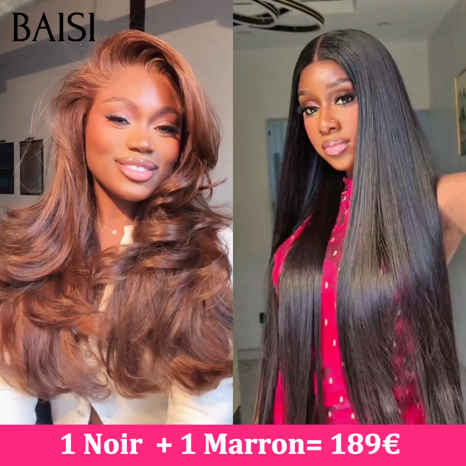 BAISI Lot de 2 Perruques 20pouces 189€ prix Abordable Pour Revendre 1 Perruque Lisse Couleur Noir + 1 Perruque Body Wave Couleur Marron en 100% Cheveux Humains