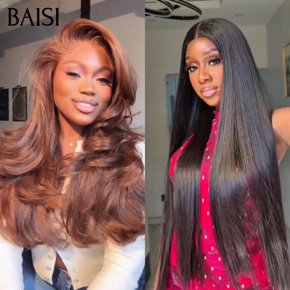 BAISI Lot de 2 Perruques 20pouces 189€ prix Abordable Pour Revendre 1 Perruque Lisse Couleur Noir + 1 Perruque Body Wave Couleur Marron en 100% Cheveux Humains