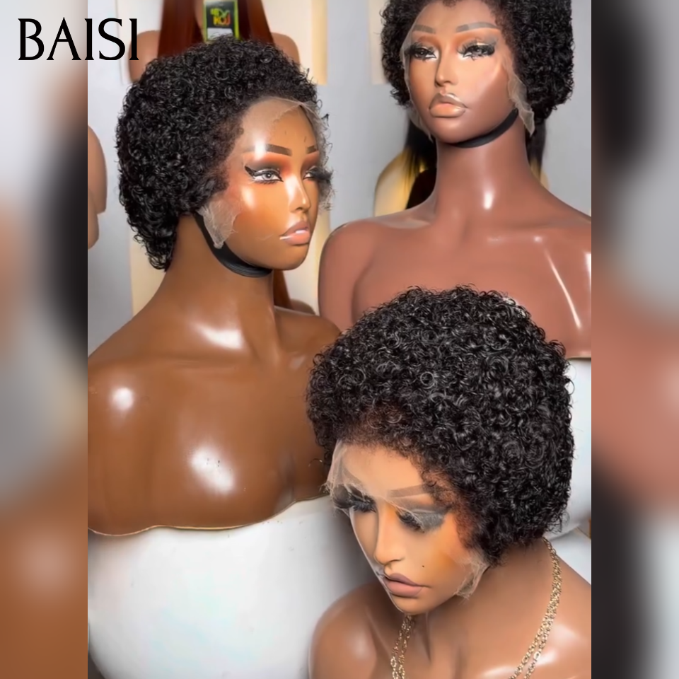 BAISI Perruque Pixie kinky curly 13x4 Lace Frontal Prix Promo 68€ En 100% Vrais Cheveux Humains