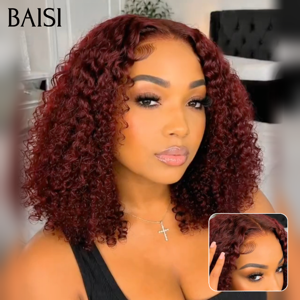 BAISI Perruque Bob 4x4 Lace Closure Bouclée en Rouge Bordeaux 99J# ou en Noir 1B# Sans Colle Lace déjà couper Facile à Porter en 100% Cheveux Humains