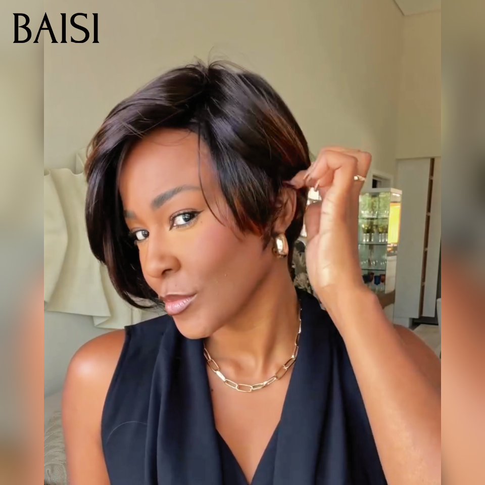 BAISI Perruque Pixie Lisse Lace 13x4 Frontal 69€ En Couleur Marron Mixte Noir 1BT4# Coupe Stylée Très Charmante En 100% Cheveux Humains