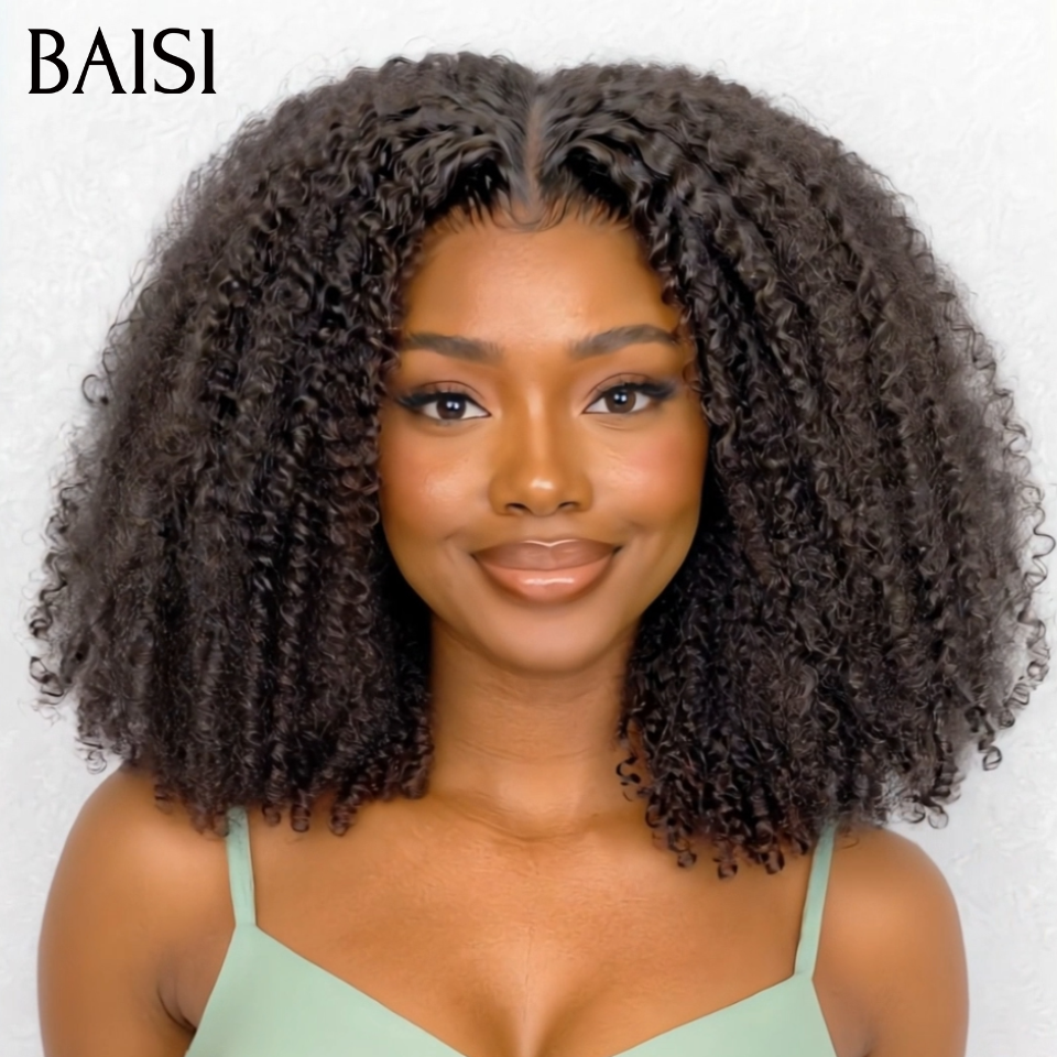 BAISI Perruque Afro Curly Bouclée Serrée T-part lace Noir Volume Réelle 100% Identique Photo en 100% vrais cheveux humains