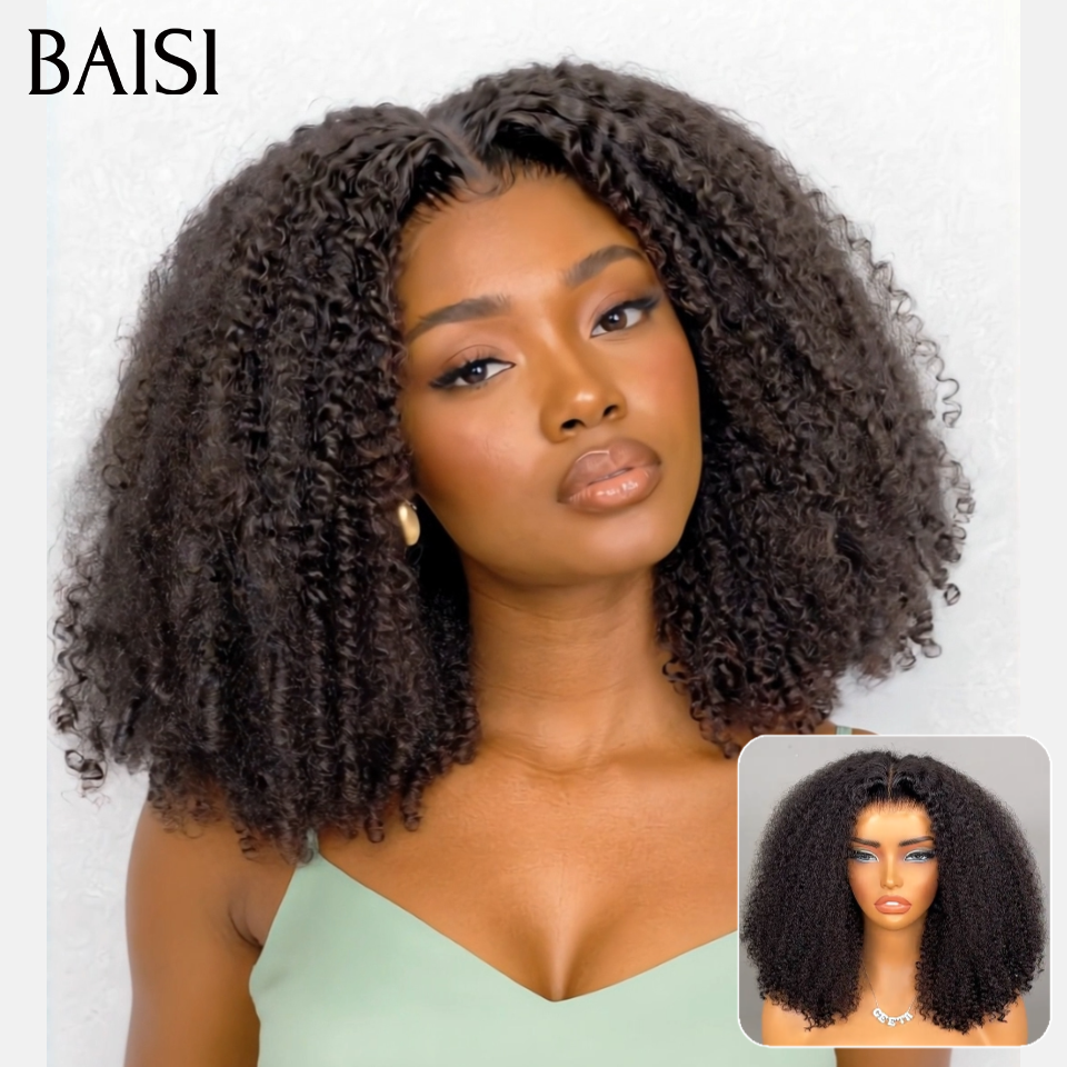 BAISI Perruque Afro Curly Bouclée Serrée T-part lace Noir Volume Réelle 100% Identique Photo en 100% vrais cheveux humains
