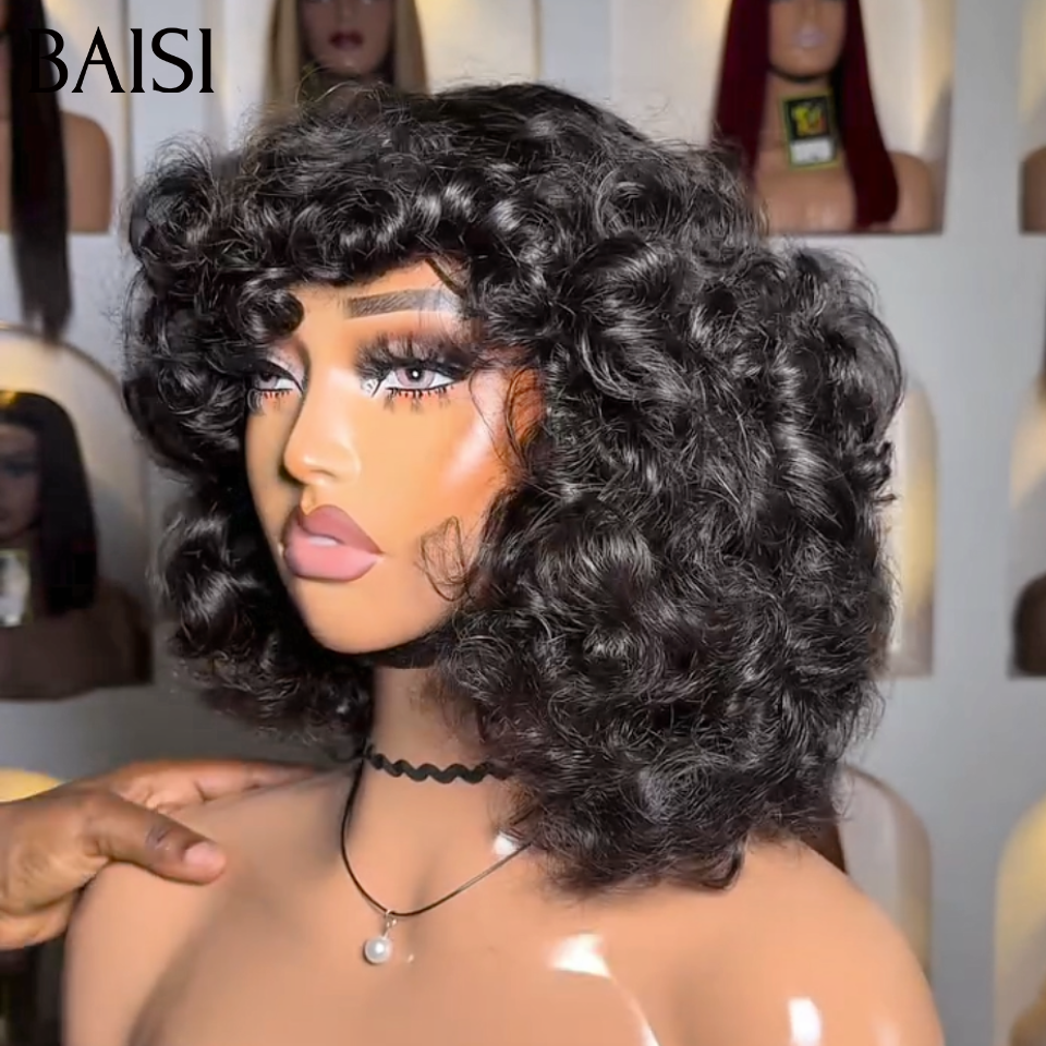 BAISI Perruque Bob Egg Wave Noir Avec Frange 76€ Prix Abordable Sans Lace Pas Besoin de Colle Pratique pour la Vie de Tous les Jours en 100% Cheveux Humains