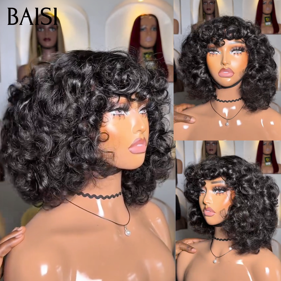 BAISI Perruque Bob Egg Wave Noir Avec Frange 76€ Prix Abordable Sans Lace Pas Besoin de Colle Pratique pour la Vie de Tous les Jours en 100% Cheveux Humains