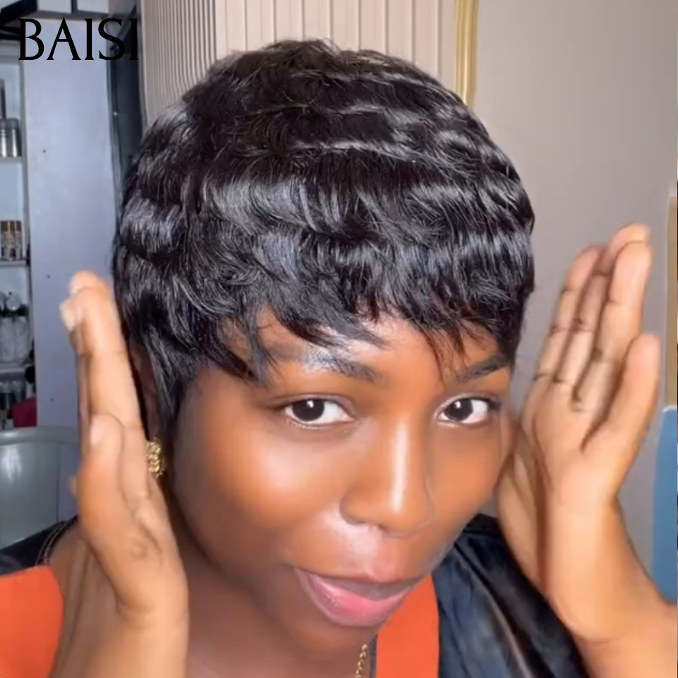 BAISI Perruque Courte Curly ou Demi-perruque bouclés Curly wave Topper cheveux partiel personnalisé en Couleur 1B( c'est pas une perruque entière ) 100% Cheveux Humains