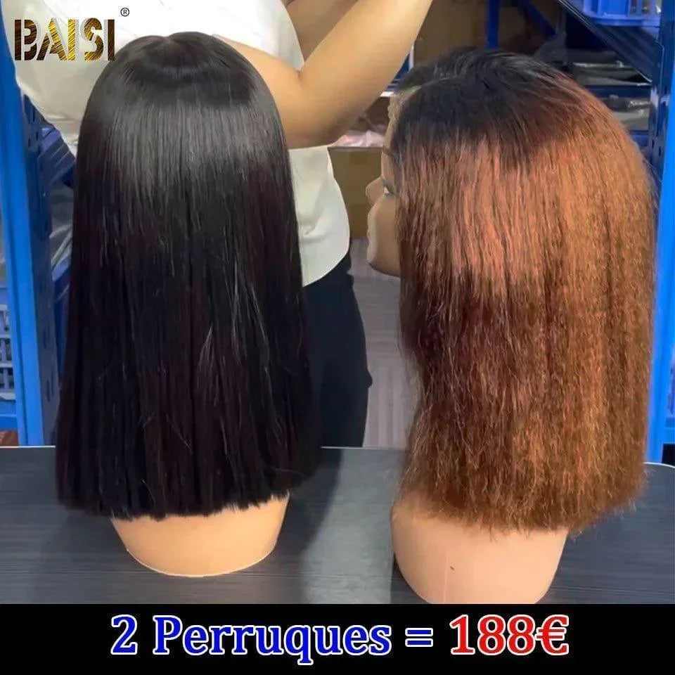 BAISI 2 Perruques bob 188€ 2X6 lace bob Perruque de luxe Viêtnam Hair 12 pouces + 13X4 kinky Straight 1BT4# 12 Pouces en 100% vrais cheveux humains