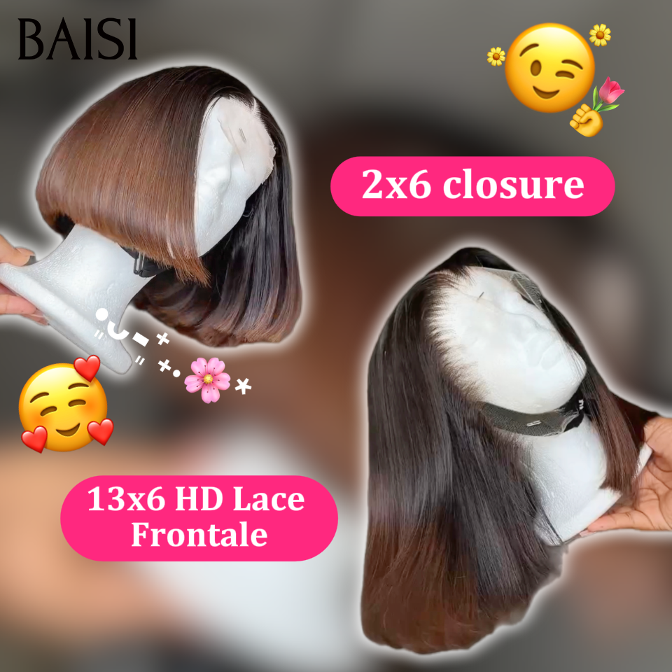 BAISI Confezione all'ingrosso 2 parrucche bob 120 euro 2x4 lace lisce con frangia 8Pollici colore Marrone e NERO 100% Capelli Umani