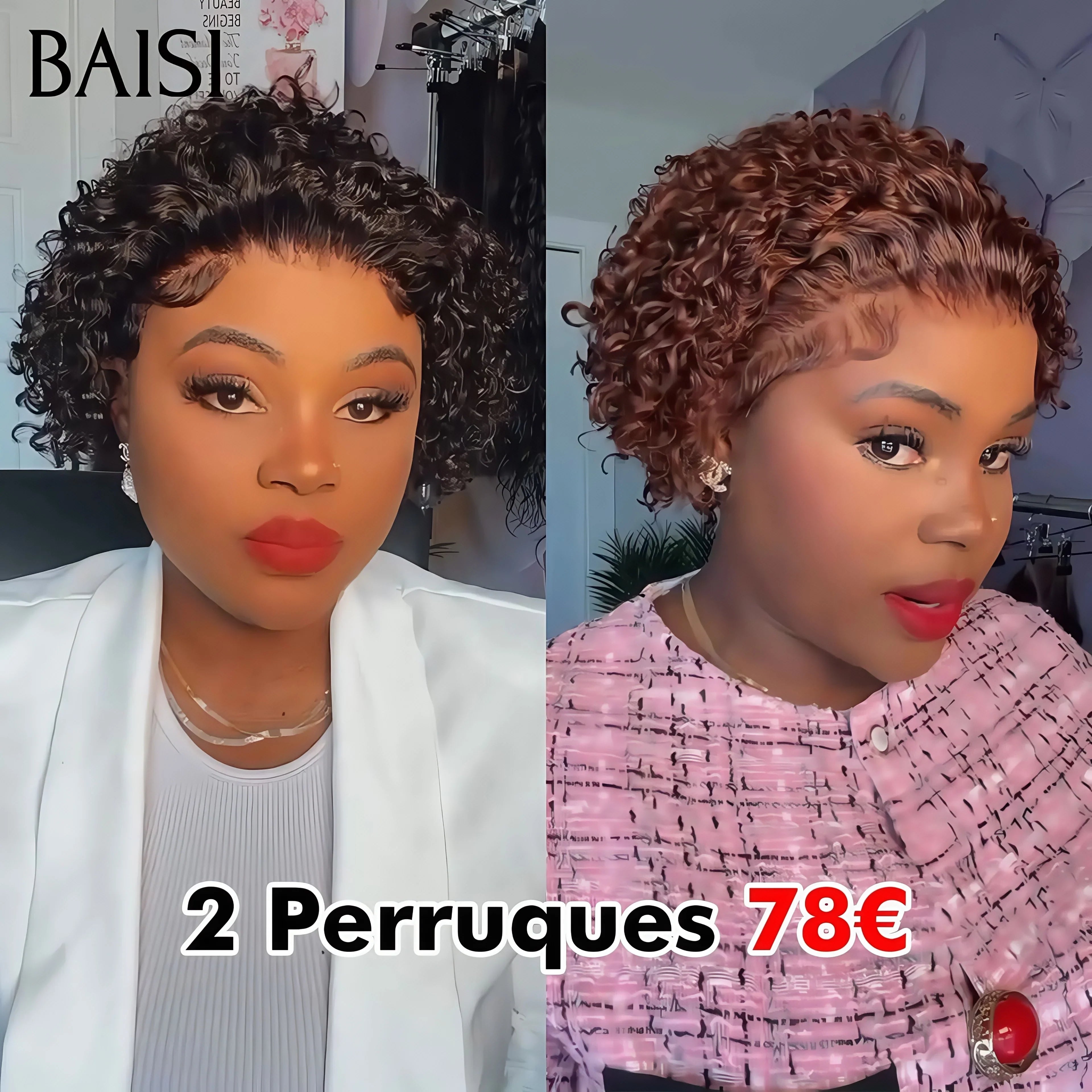 BAISI 2 perruques 78€ Vente en gros 13X4 lace frontal pixie curl en couleur NOIR et Marron en 100% vrais cheveux humains