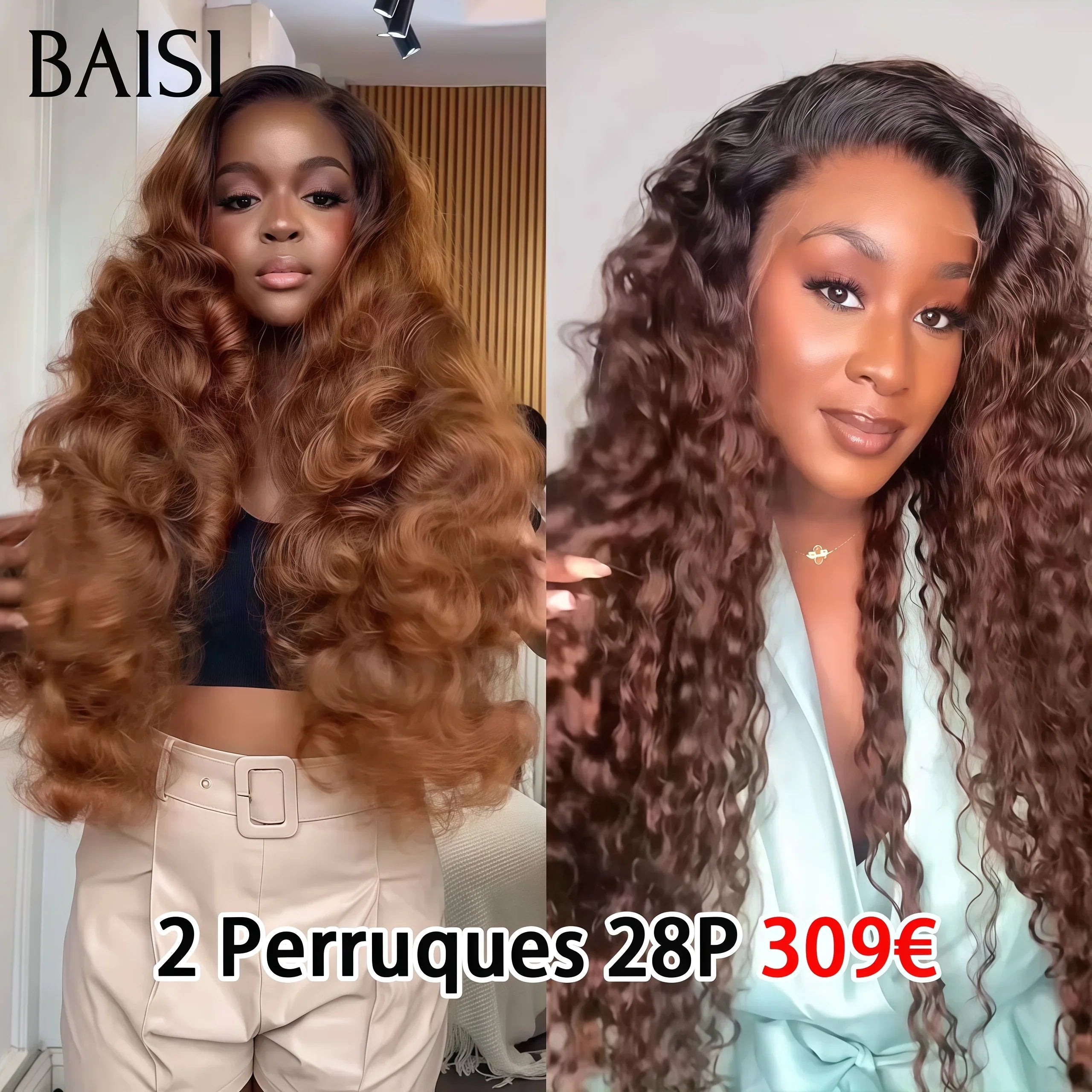 BAISI 2 Perruques pour revendre 309€ 13X4 lace frontal Body wave et curly wave 28 pouces couleur Marron avec racine noir 1BT4# 200% densité en 100% vrais cheveux humains