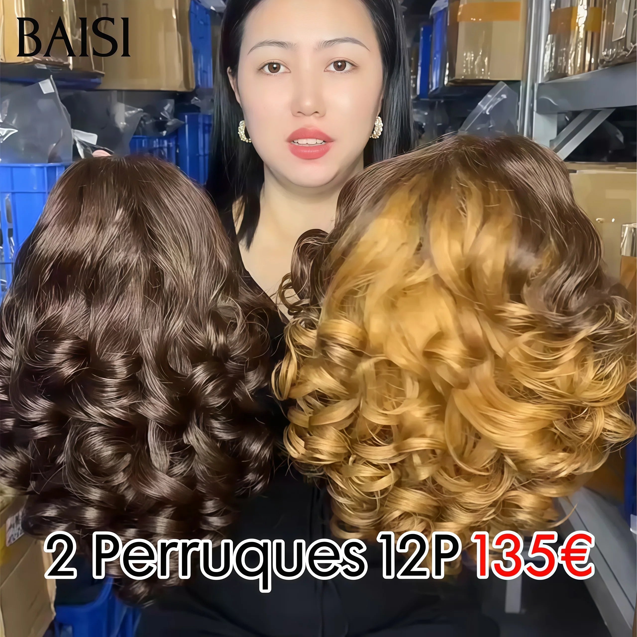 BAISI 2 perruques 135€ Vente en gros Bob egg wave 12 pouces 2 couleurs 4X4 closure marron et 13X4 lace frontal miel en 100% vrais cheveux humains BS60