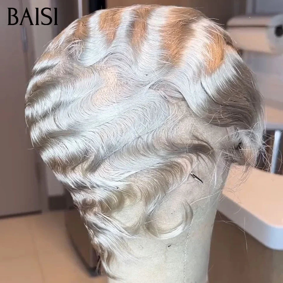 BAISI Wellige Perücke, Pixie-Schnitt, volle Spitze, Fingerwelle, kleiner Schnitt in schwarzer Farbe aus 100 % Echthaar BS50