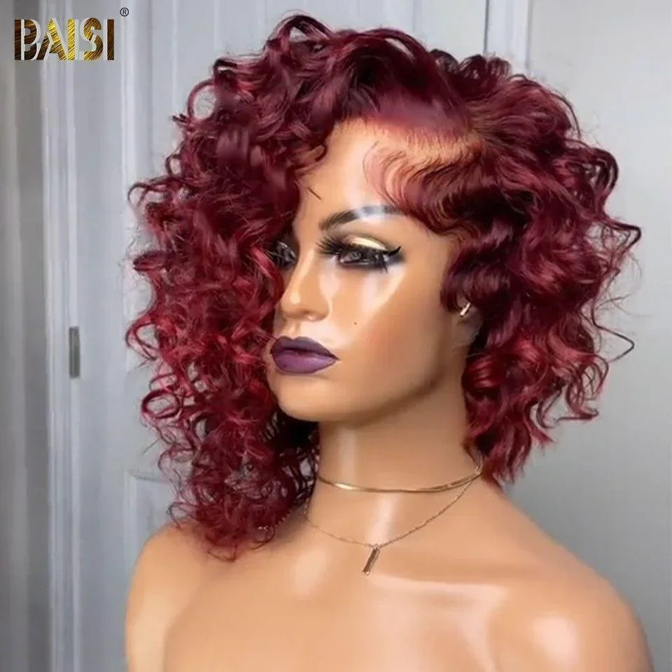 BAISI 13X4 Spitzen-Perücke mit natürlichem Wellen-Bob in der Farbe Burgund 99J# aus 100 % Echthaar