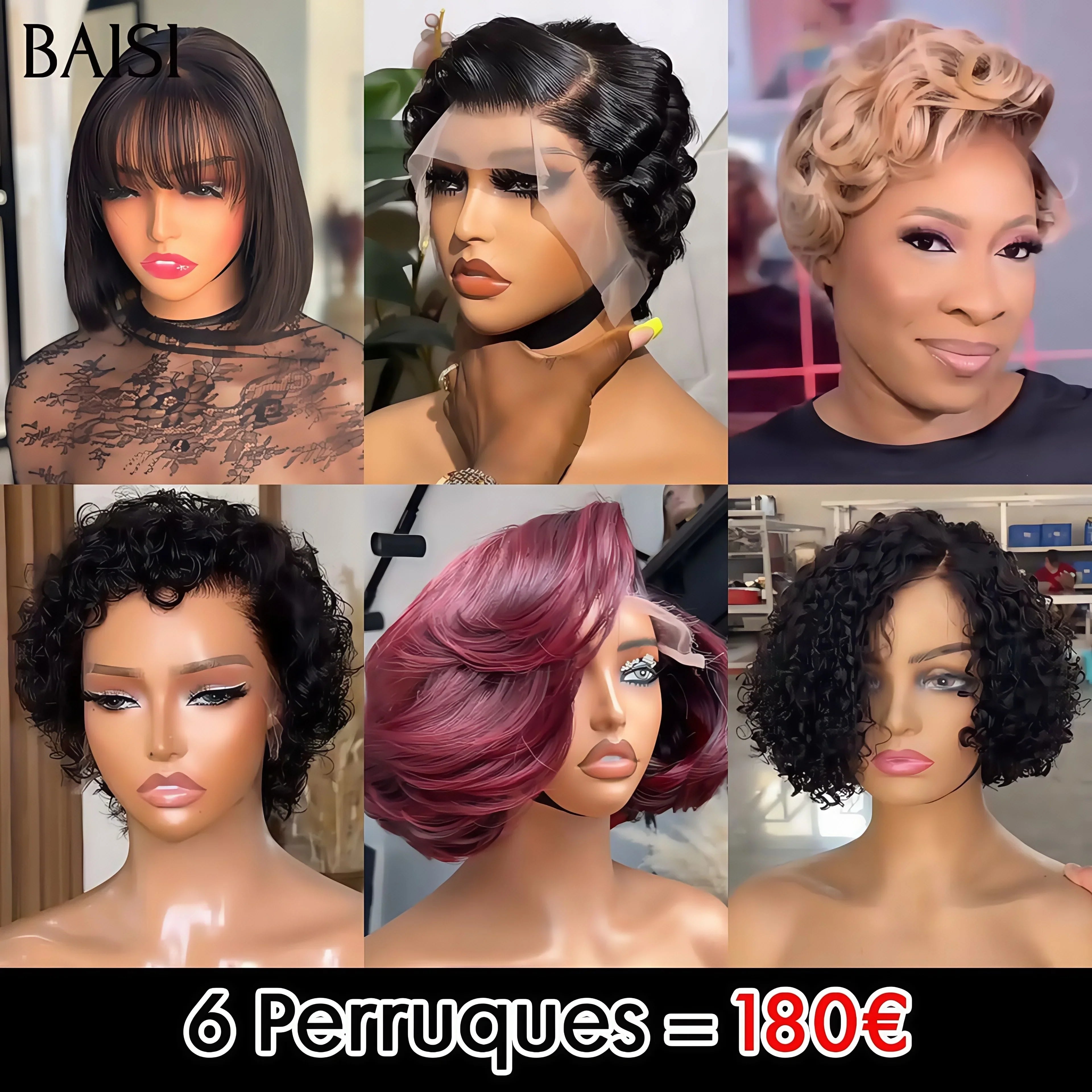 BAISI Lot de 6 perruques Flash Offer 180€ Ventes En Gros 6 styles de perruques différents et Différentes couleurs en 100% vrais cheveux humains