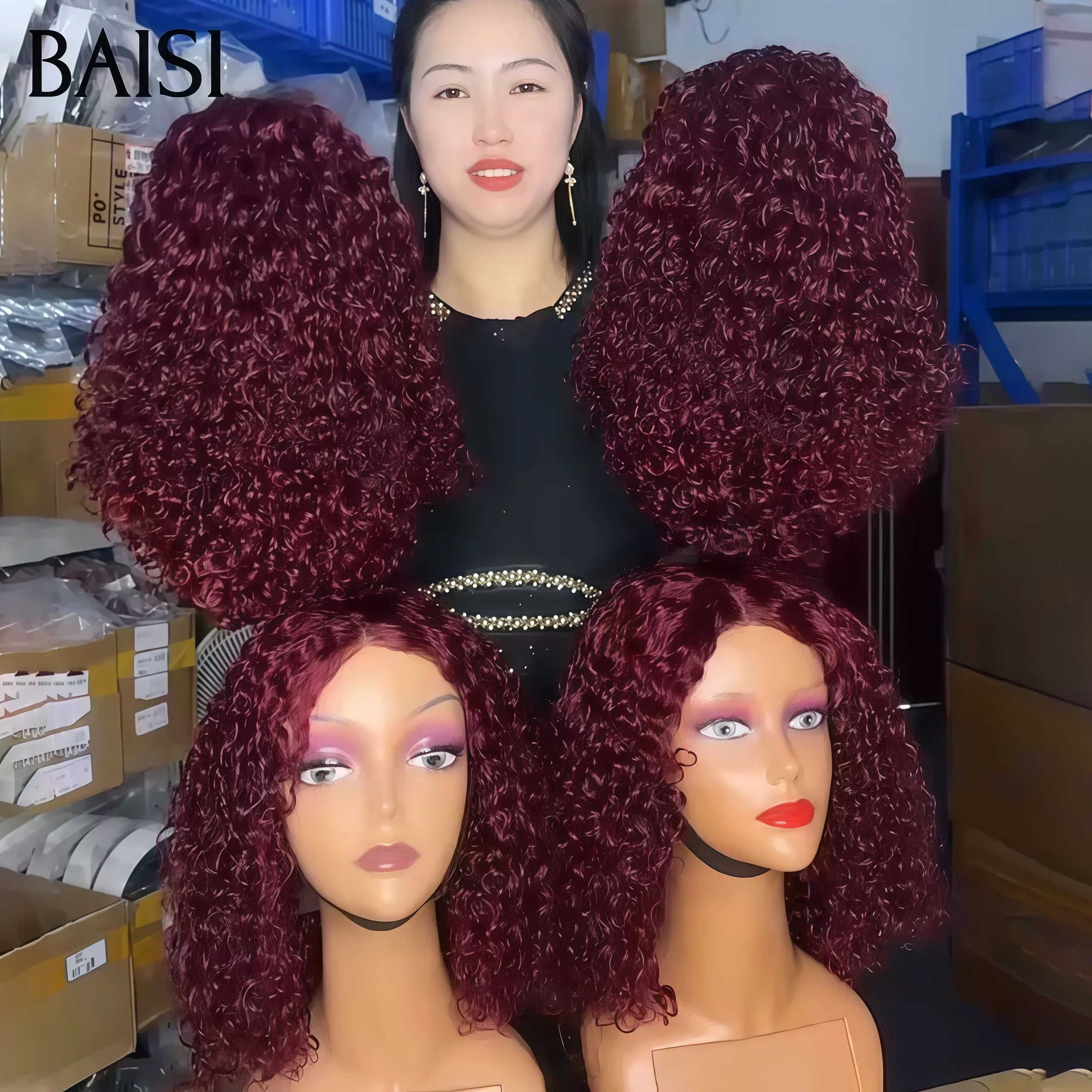 BAISI Perruques 4x4 Lace closure Perruque 250% de volume water wave en couleur Bordeaux 99J# en 100% Cheveux Humains