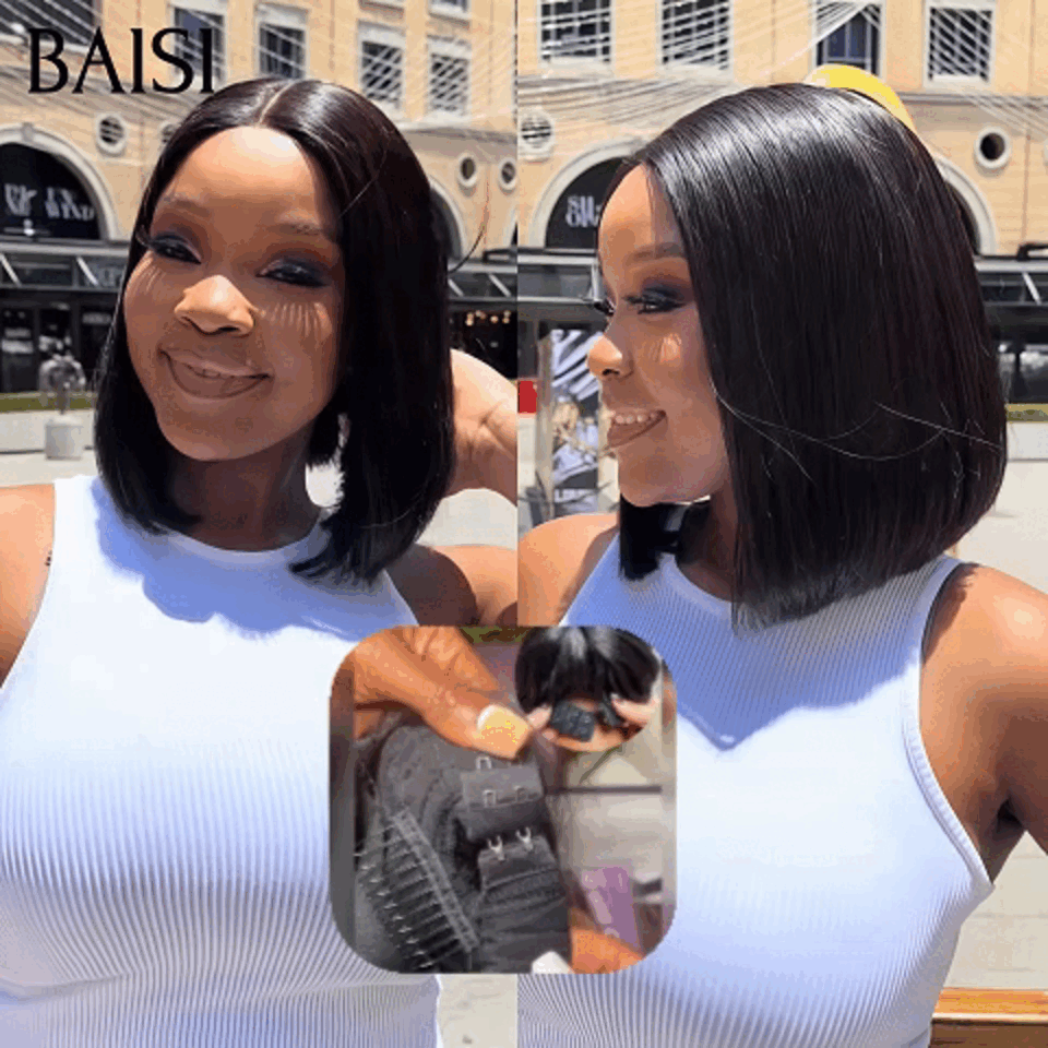 BAISI 13x4 Straight Bob Wig em preto sem cola renda frontal corte fácil de usar 100% cabelo humano B
