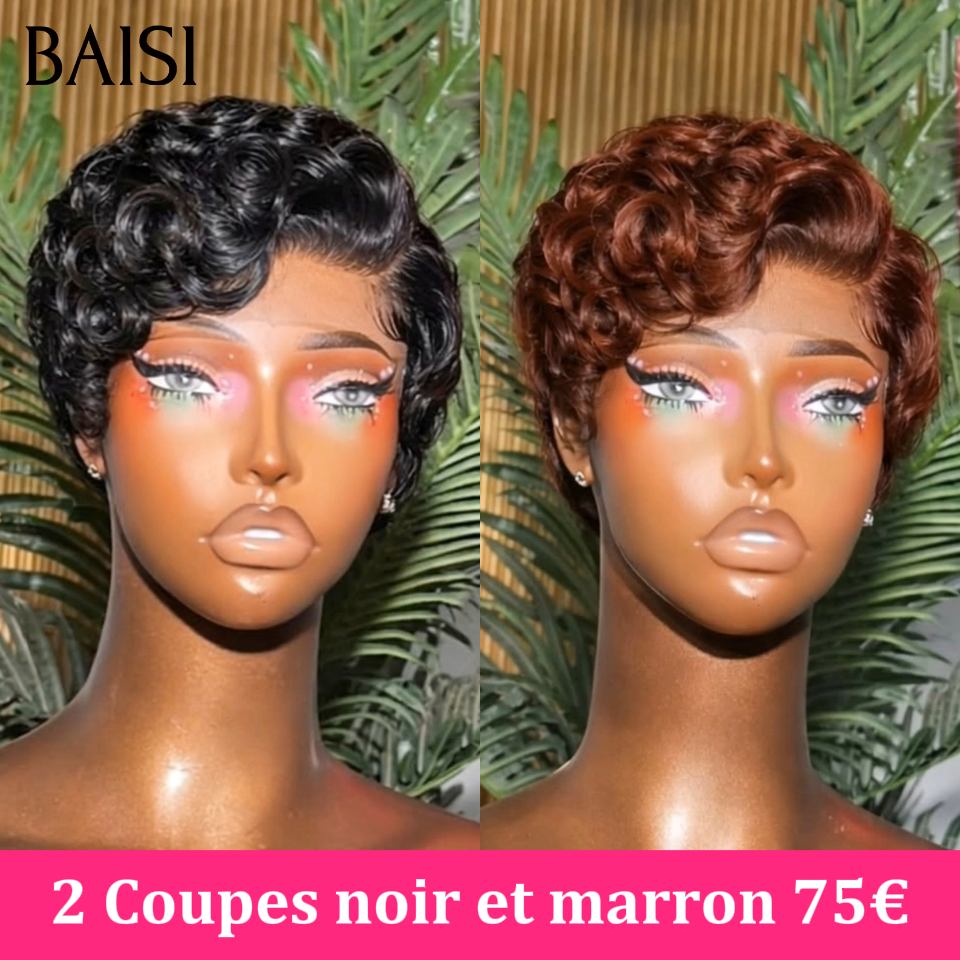BAISI Promozione Curly Pixie 75€ 2 Parrucche bob Prezzo all'ingrosso 174€ Nero 100% capelli umani veri