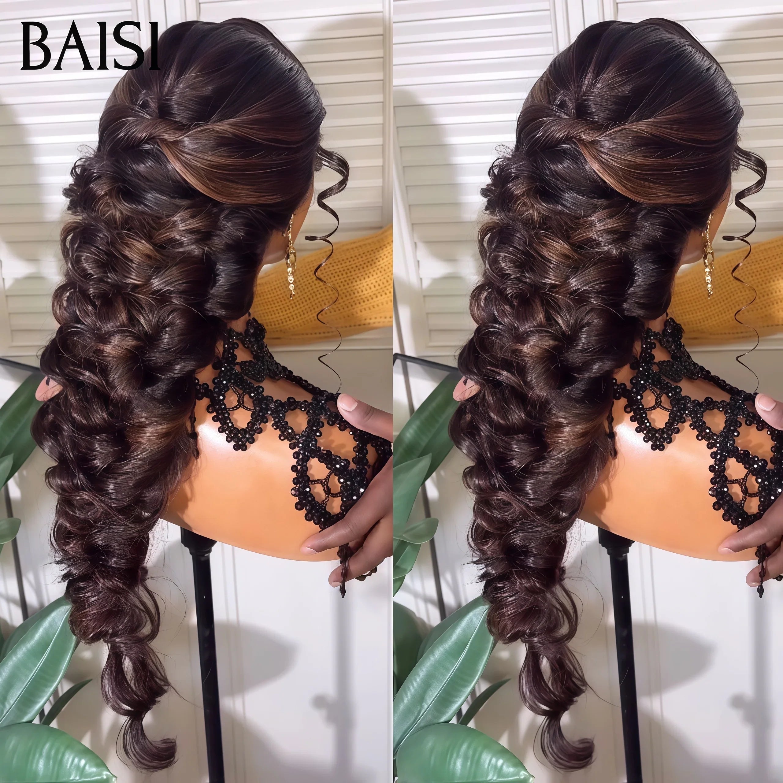 BAISI Coiffure de luxe Amelia Perruques Mariage noir Prête à porter chignon et personalisation comme sur la vidéo 100% identique avec lace frontale événement spécial en couleur NOIR Mixte brun FR20