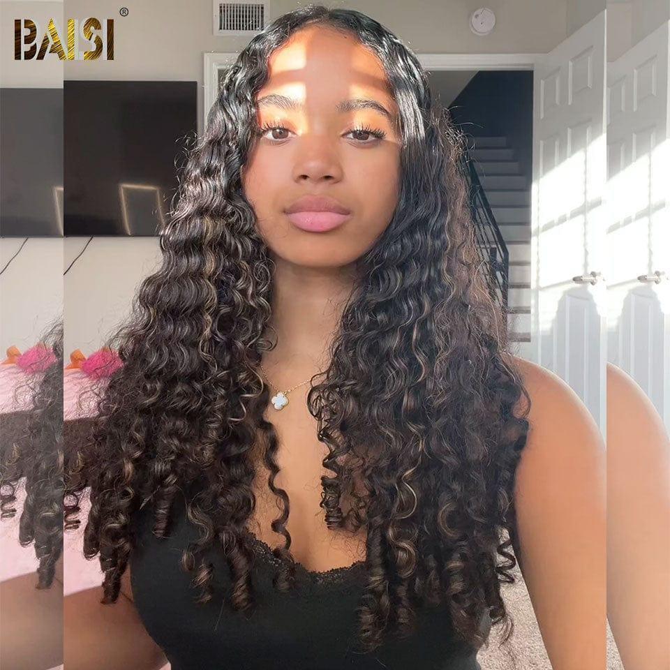 BAISI 13X4 Luxury Spring Curly Wave Wigs em BLACK Color Mix Honey 1B # 27 # A1 Feito por cabelo fios virgens duplos desenhados volume 300% densidade mais de 20 anos de uso