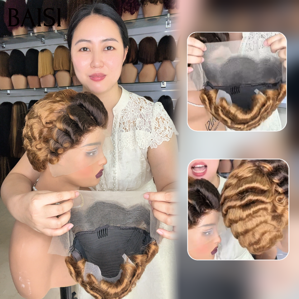 BAISI 13x4 Lace Pixie Courte Contre la Chaleur 59€ Seulement Couleur Miel et Noir 1B/27# Boucle Wavy A la Mode En 100% Cheveux Humains