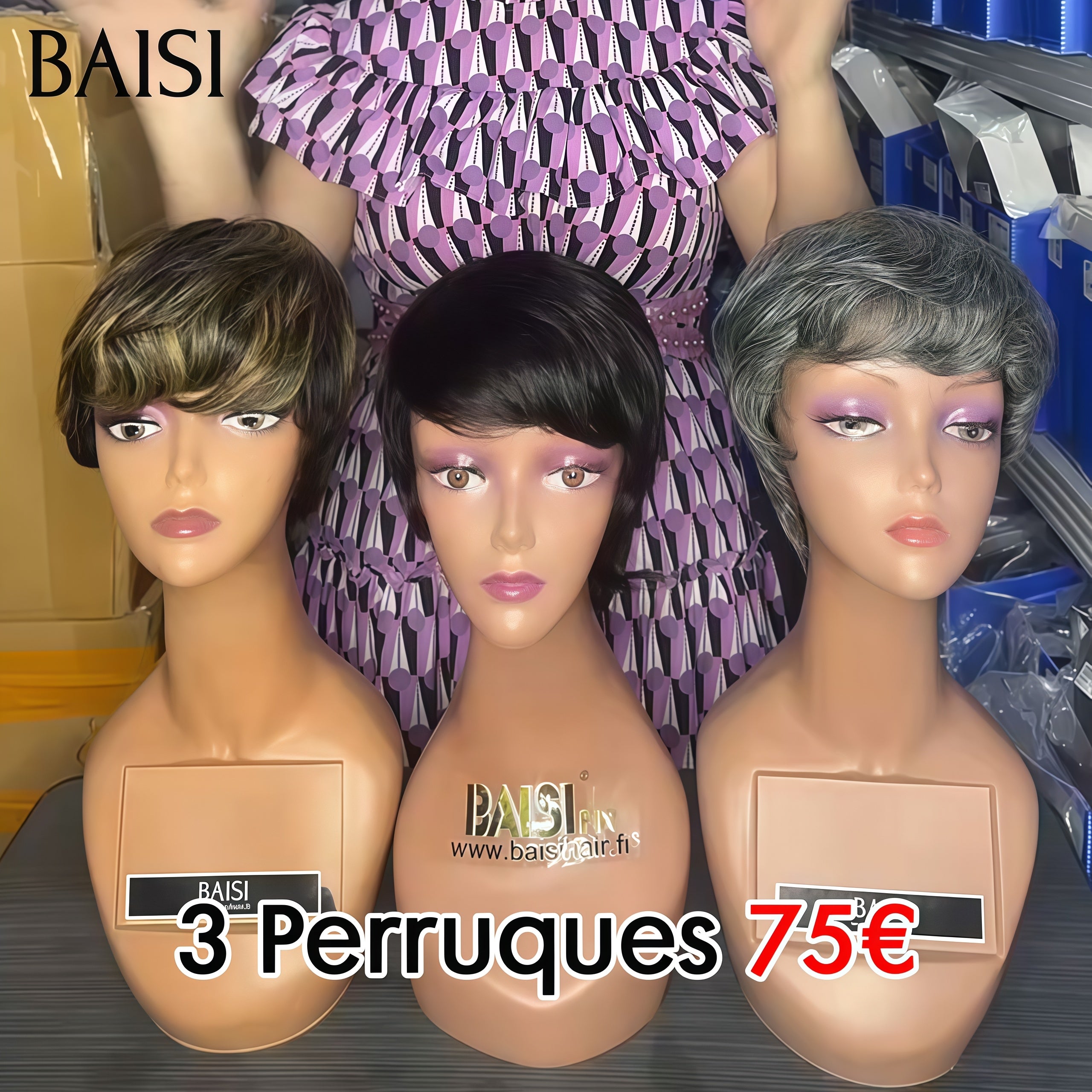 BAISI 3 Perruques 75€ Vente en gros pixie lisse Fabriqué à la Machine 3 couleurs mixte ou noir ou gris en 100% vrais cheveux humains