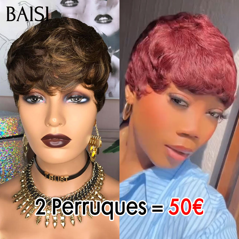 BAISI 2 Perruques Vente en gros 50€ pixie finger wave en couleur marron et Bordeaux sans Colle Fabriqué à la Machine 100% vrais cheveux humains