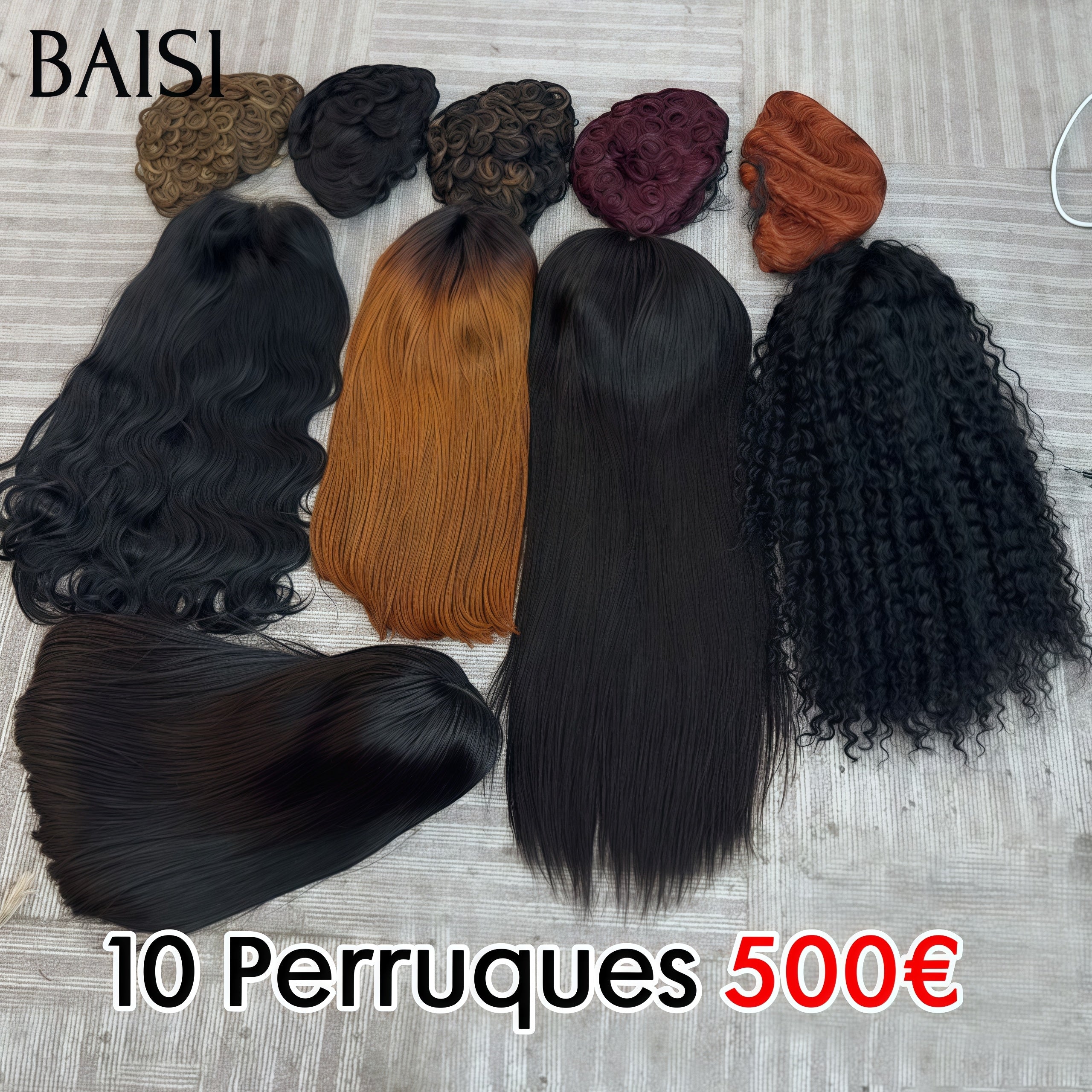 BAISI Lot de 10 perruques Flash Offer PROMOTION 500€ 10 styles de perruques différents pixie ou Lisse ou curly wave ou Body wave en 100% vrais cheveux humains FR38