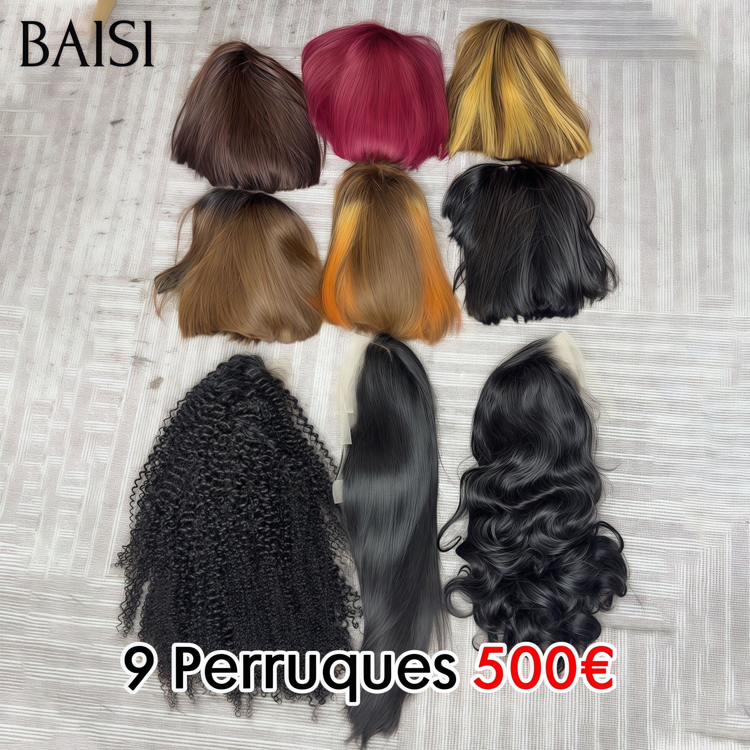 BAISI Lot de 9 perruques Flash Offer PROMOTION 500€ 9 styles de perruques différents 2x6 Lisse Bob et 13X4 lace frontal 20 Pouces en 100% vrais cheveux humains BS65