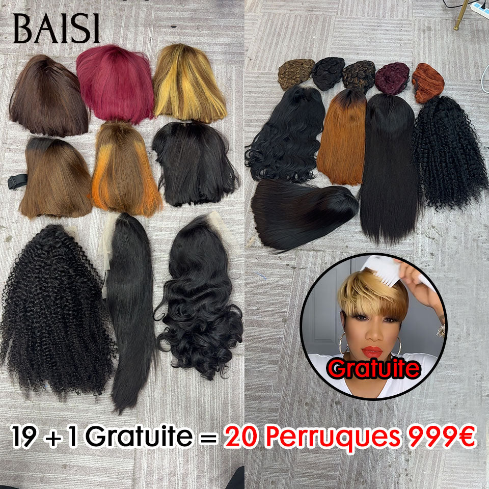 BAISI Lot de 19 perruques+1 Gratuite = 20 perruques 999€ Flash Offer PROMOTION styles de perruques différents pixie ou Lisse ou curly wave ou Body wave en 100% vrais cheveux humains FR20