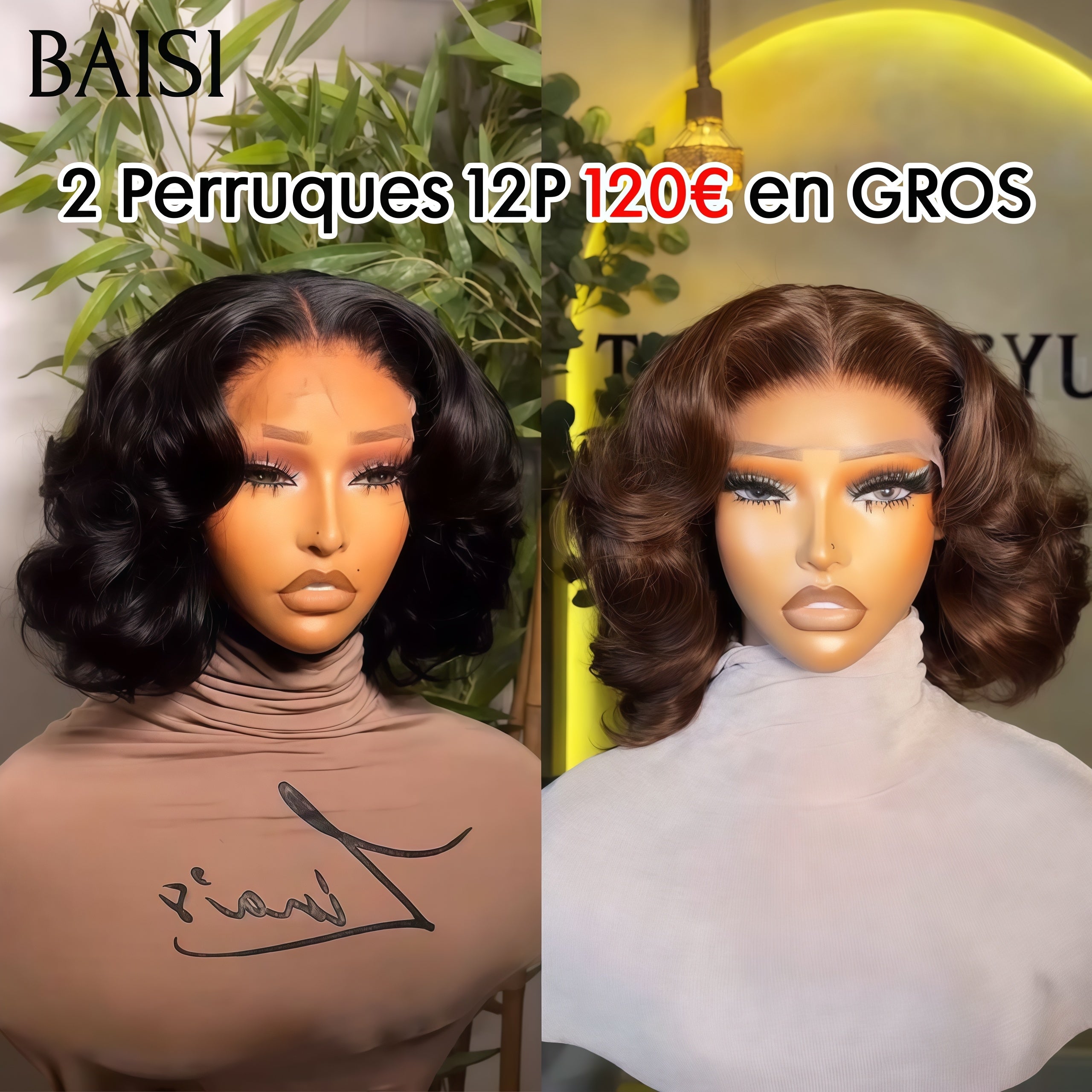 BAISI 2 Perruques 120€ Bob egg wave en couleur marron et NOIR 12 Pouces 100% vrais cheveux humains VIP100
