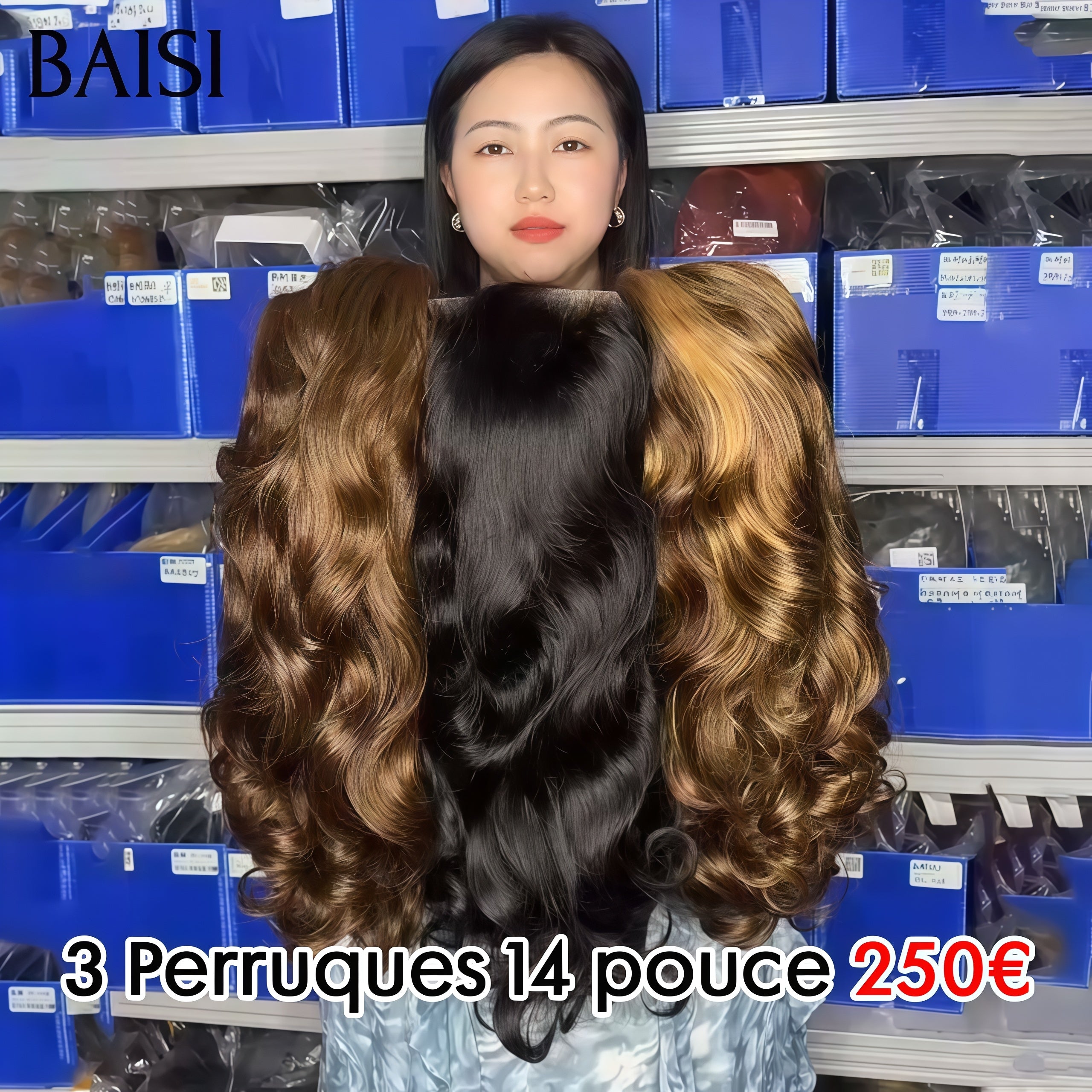 BAISI 3 Perruques 250€ 13X4 lace frontal bouclé egg wave en 3 couleurs marron et NOIR et mixte 14 Pouces 100% vrais cheveux humains