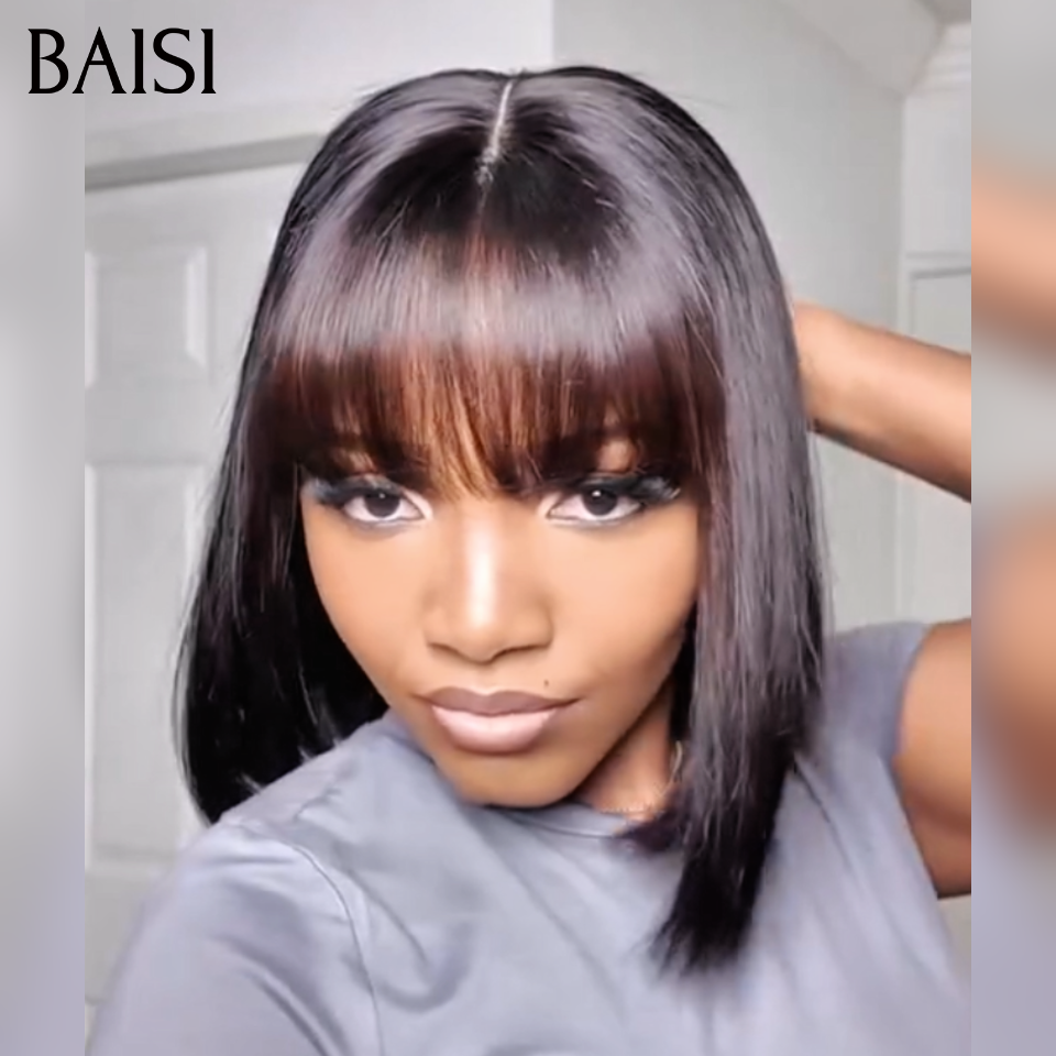 BAISI HAIR FR Liso com Franja 8 Polegadas em França 58€ ou 2 Cortes Chineses Preto e Castanho 129€ em 100% Cabelo Humano
