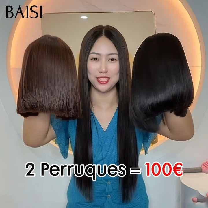 BAISI 2 Perruques 100€ 2X4 lace Bob Lisse Bob avec Frange en couleur marron et NOIR 8 Pouces Moitié Prix 100% vrais cheveux humains MP50
