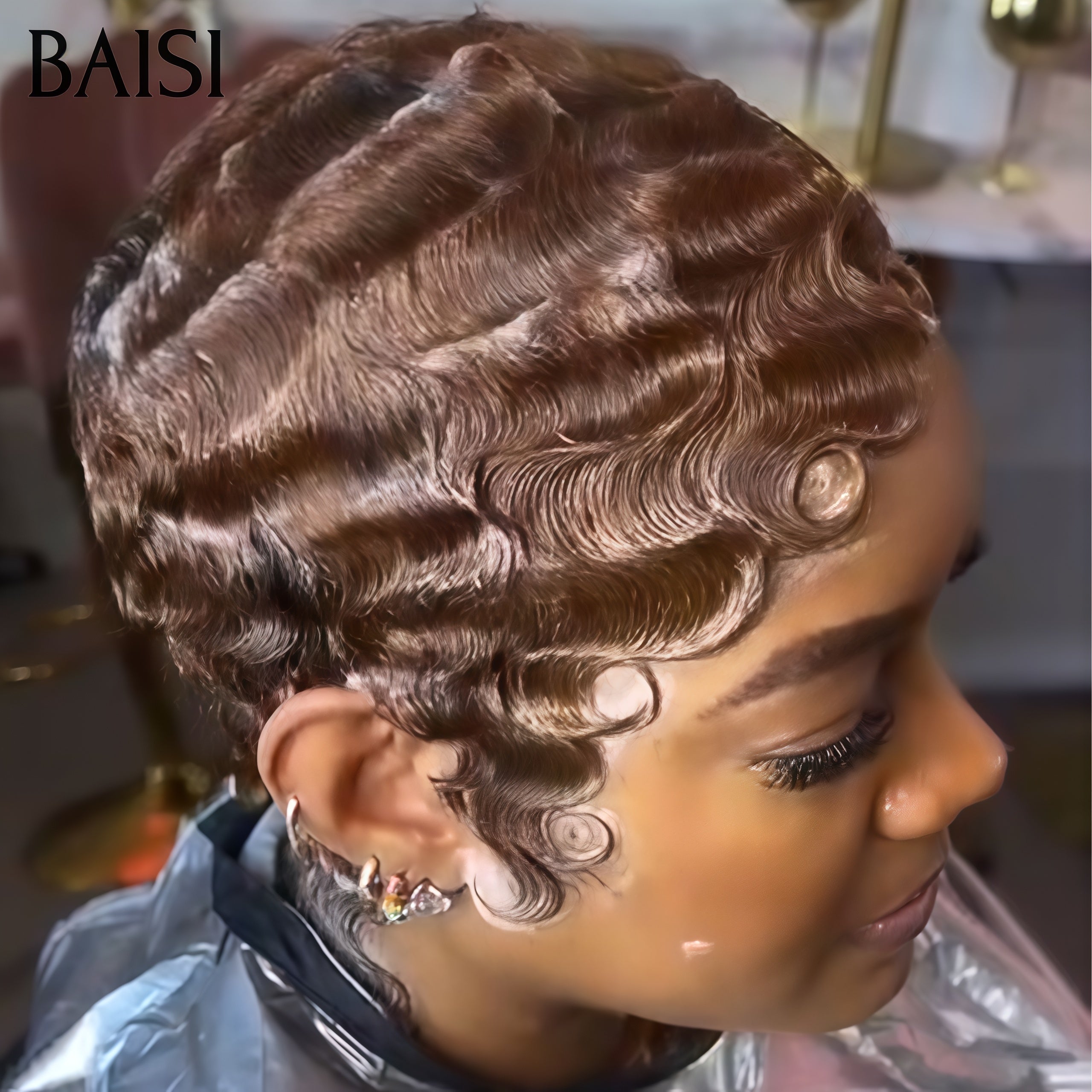 BAISI 13X4 Short Pixie Finger Wave Wig in Pink Color €88 In 100% Human Hair BS50