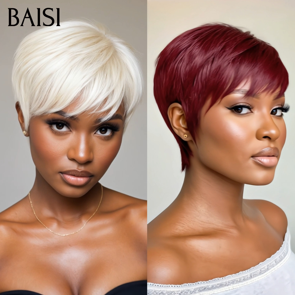 BAISI Sans Lace Sans Colle Perruque LEA petite coupe Pixie Lisse Trois Couleurs Noir 1B# ou Bordeaux 99J# ou Blonde 613# fabriqué à la machine en 100% CHEVEUX HUMAINS #026