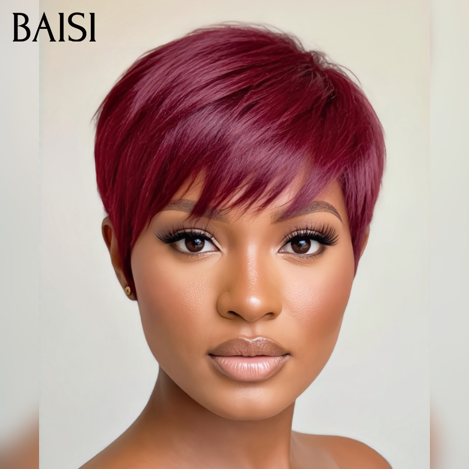 BAISI Sans Lace Sans Colle Perruque LEA petite coupe Pixie Lisse Trois Couleurs Noir 1B# ou Bordeaux 99J# ou Blonde 613# fabriqué à la machine en 100% CHEVEUX HUMAINS #026