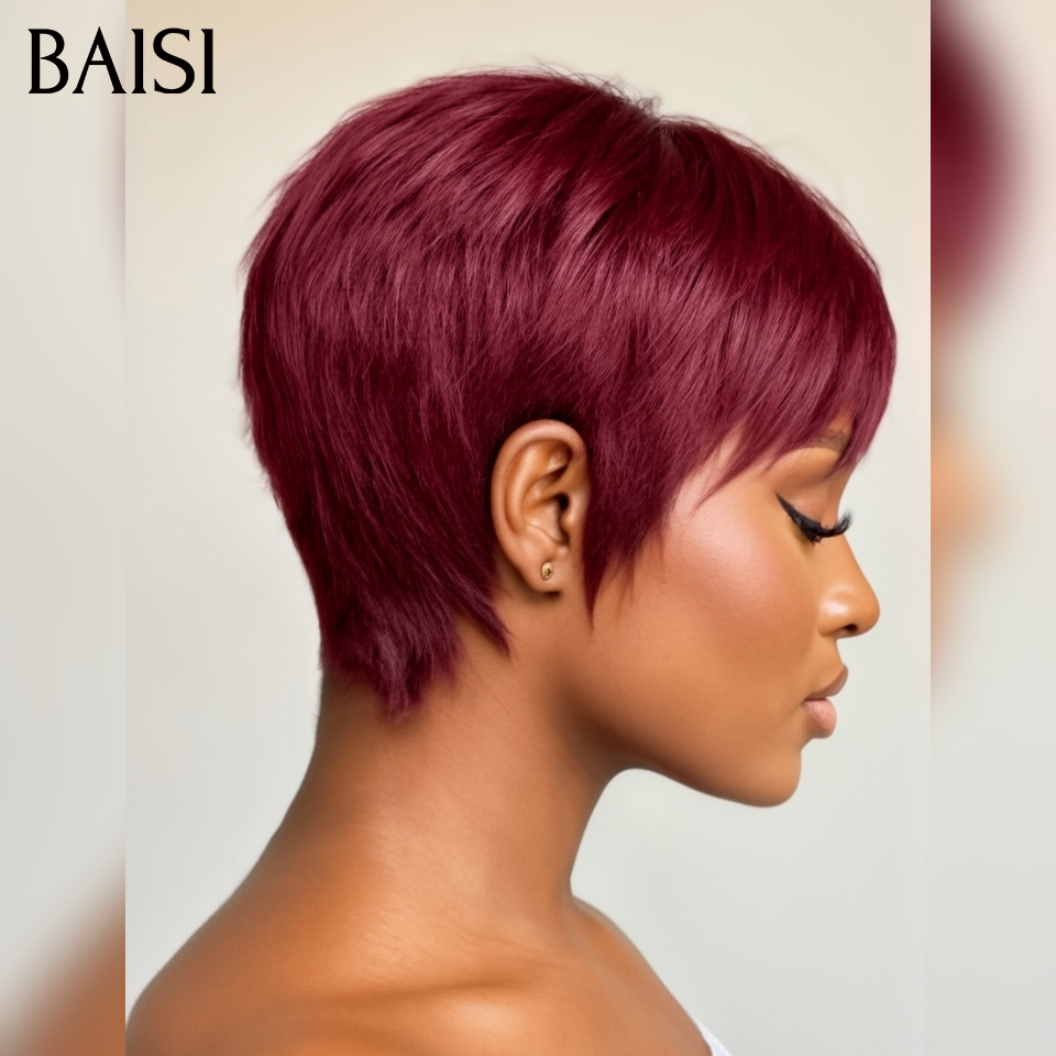 BAISI Sans Lace Sans Colle Perruque LEA petite coupe Pixie Lisse Trois Couleurs Noir 1B# ou Bordeaux 99J# ou Blonde 613# fabriqué à la machine en 100% CHEVEUX HUMAINS #026