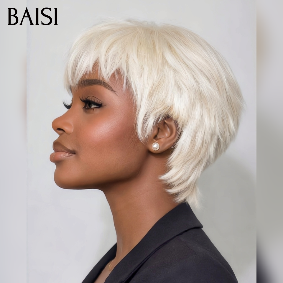 BAISI Sans Lace Sans Colle Perruque LEA petite coupe Pixie Lisse Trois Couleurs Noir 1B# ou Bordeaux 99J# ou Blonde 613# fabriqué à la machine en 100% CHEVEUX HUMAINS #026