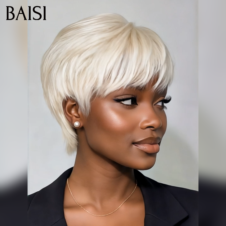 BAISI Sans Lace Sans Colle Perruque LEA petite coupe Pixie Lisse Trois Couleurs Noir 1B# ou Bordeaux 99J# ou Blonde 613# fabriqué à la machine en 100% CHEVEUX HUMAINS #026