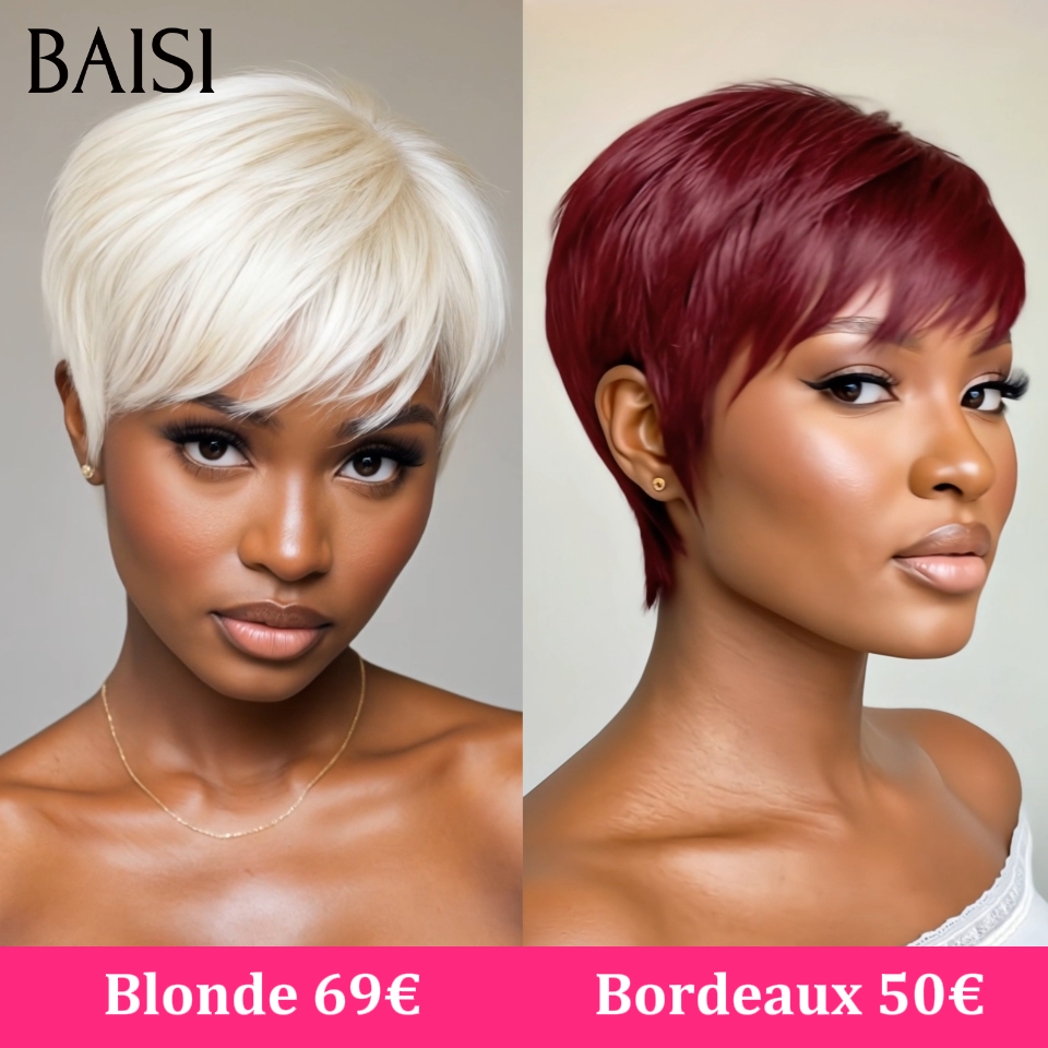 BAISI Sans Lace Sans Colle Perruque LEA petite coupe Pixie Lisse Trois Couleurs Noir 1B# ou Bordeaux 99J# ou Blonde 613# fabriqué à la machine en 100% CHEVEUX HUMAINS #026