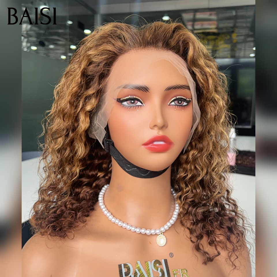 BAISI Perruque 13x4 lace frontal deep wave 14 pouce ou 18 Pouces marron mixte miel en 100% Cheveux Humains